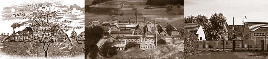 Drei Ansichten der Wächtersbacher Keramik Fabrik in Schlierbach von 1850, 1910 und 2011